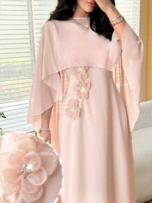 Light Pink Chiffon Maxi Dress With 3D Flowers And Scarf For Spring/Summer - Pink - View 9
