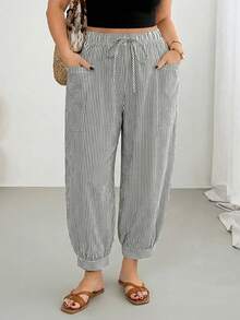 Shapeblank Pantalones largos a rayas con cordones para mujer talla grande - Multicolor - Ver 7
