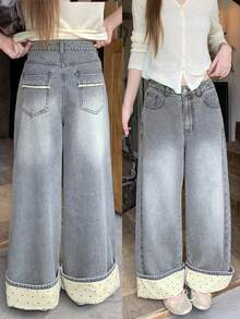 FRIFUL Women's Pocket Wide Leg Loose Casual Versatile Denim Jeans - Blue - View 9