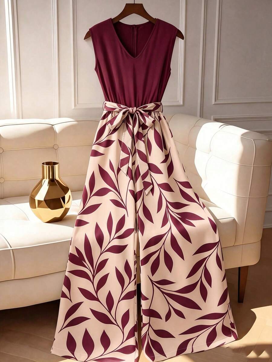 Franclia New Fashion Print V-Neck Colorblock Jumpsuit - Burgundy - View 1
