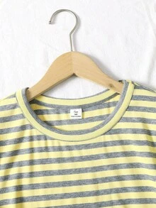 SHEIN 青少年女孩軟綿針織黃色條紋圓領短袖修身T恤與緊身褲套裝，休閒百搭女童服飾，黃色上衣大女孩衣著，黃色條紋上衣與長褲套裝 - 黃色 - 查看 5