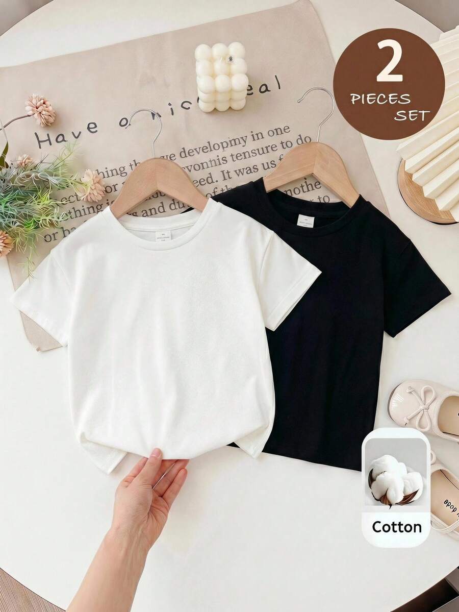 SHEIN 女童小女孩黑白百搭圓領套頭上衣 2件組,適合居家與外出穿著 - 黑與白 - 查看 1