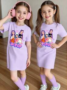 Elladie kids 春夏女童休闲时尚创意个性清新简约酷炫虚拟女团星爱心图案字母印花休闲基础款短袖T恤裙，舒适日常穿着，温暖的夏秋风格，适合春、夏、秋季穿着。 - 紫色 - 查看 6