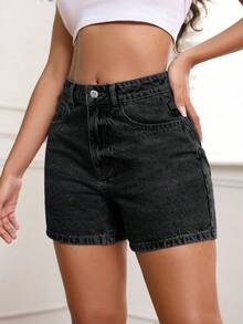 SHEIN PETITE 女款休閒百搭牛仔短褲附口袋 - 黑色 - 查看 5