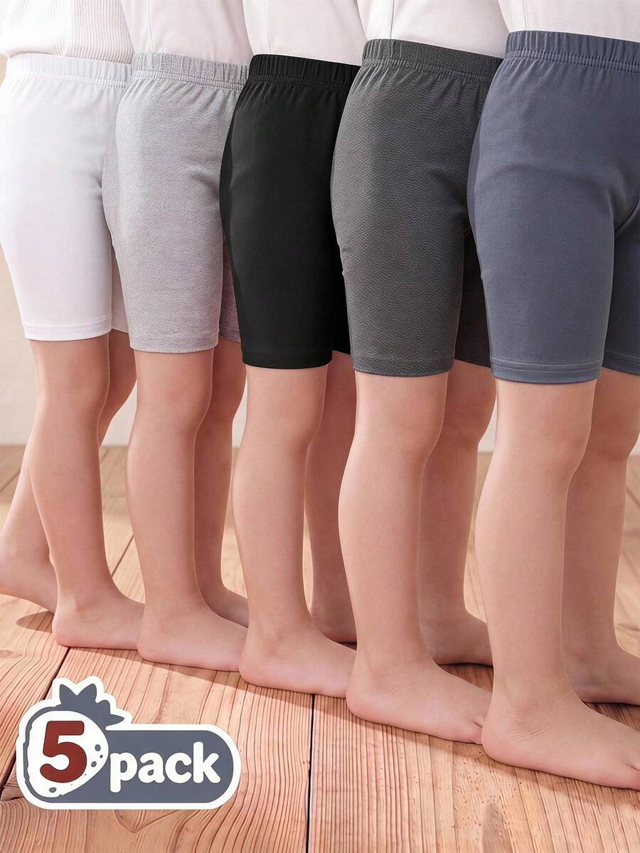 5 piezas/Set Leggings cortos de color negro sólido, estilo minimalista, cómodos y de ajuste ceñido para niñas - Multicolor - Ver 1