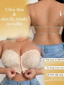 DesireSculpt Plus Size Wireless Lace Front Closure Bra, Sexy Lift And Gather, Invisible Back Bra, 1pc - Beige - View 3
