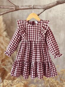 Emery Rose Kids Emery Rose Kids Tween女孩/雙胞胎姊妹套裝－格紋寬鬆可愛復古休閒法式燈芯絨洋裝，長袖設計，適合秋季 - 紅白色 - 查看 7