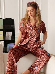 Chillnights Women's Leopard Print Star Bow Tie Glossy Color Contrast Collar Short Sleeve Pajama Long Pants Set - Brown - View 6