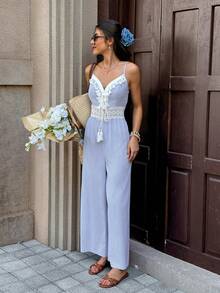 Serisse Women's Striped Tassel Design Casual Daily Outing Camisole Jumpsuit - Blue and White - View 7