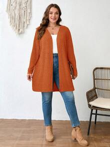 SHEIN LUNE Cárdigan de punto acanalado de color liso talla grande para primavera, otoño e invierno - Óxido marrón - Ver 4