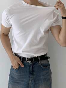 DAZY Men's Solid White Slightly Loose Short Sleeve T-Shirt, Summer - White - View 3
