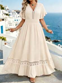Breezaya Plus Size Women's Water-Soluble Lace Jacquard Romantic Fashion Dress, Versatile For Dating, Daily Wear, Commuting, Vacation, Suitable For Spring And Summer - Apricot - View 1