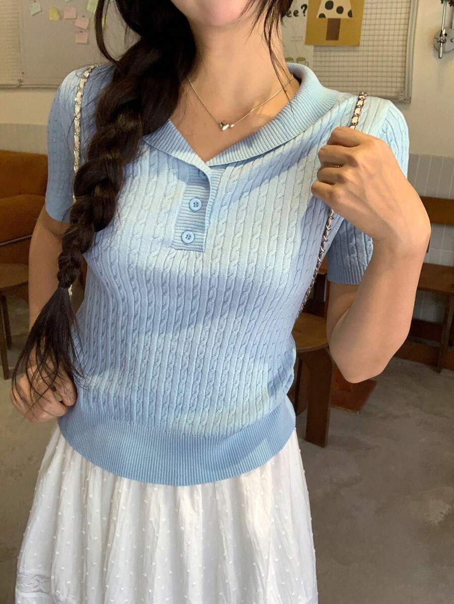 DAZY 女款素色 Polo 領短袖休閒針織上衣,春夏校園風 - 藍色 - 查看 1