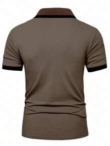 Manfinity Homme Kemeja Polo Pria Kasual Minimalis dengan Trim Kontras Lengan Pendek, Bahan Katun - Coffee Brown - View 2