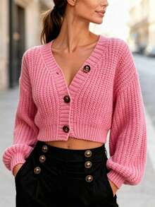 Balvessa Cárdigan con botones y hombros caídos, blusas de manga larga - Rosa - Ver 8