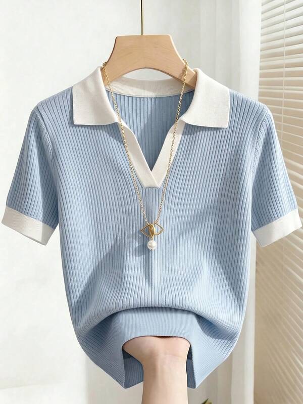SHEIN Franclia Spring Summer Contrast Color Polo Knit Top, Vertical Rib Slim Loose Short Sleeve Blouse, Elegant Office Commuter Wear