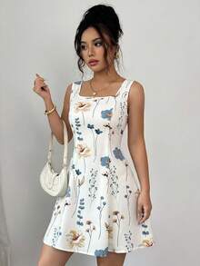 Rafferiza Ditsy Floral Print Square Neck Tie Waist A-Line Sleeveless Women's Dress - White - View 6