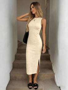 SHEIN LUNE Women's Textured Fabric Beige Midi Dress Vacation Summer Modest - Apricot - View 3