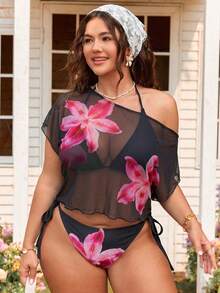 Swim Mod Setelan Pantai Tankini 3 Potong Seksi Bermotif Bunga untuk Wanita Ukuran Plus - Hitam - View 3