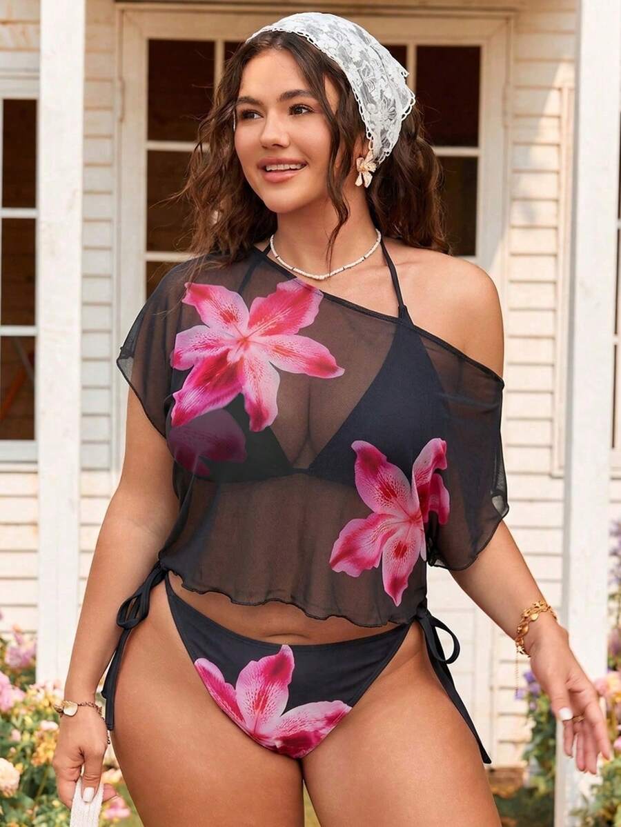 SHEIN Swim 女款大尺碼花卉印花時尚性感三件式坦基尼海灘套裝 - 黑色 - 查看 1