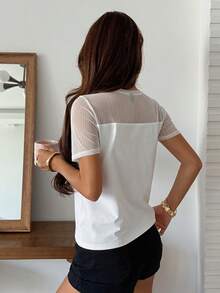 DAZY Sequin Mesh Patchwork Brunch Cafe Short Sleeve Women's T-Shirt Work All White Summer Casual Elegant - White - View 2