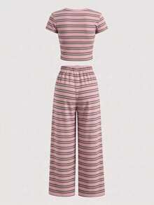 Conjunto de 2 piezas casual con estampado de rayas para vacaciones de verano para adolescentes - Multicolor - Ver 2