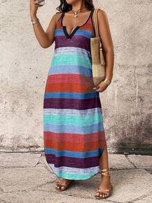 Breezaya Spring Summer Autumn Casual Comfortable Striped Fabric Shoulder Strap Design Multi-Color Plus Size Dress - Red - View 5