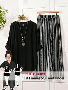 SHEIN PETITE CURVE Conjunto de 2 piezas para mujer talla grande: Camisa minimalista con cuello en V y botones, y pantalones casuales a rayas - Negro - Ver 2