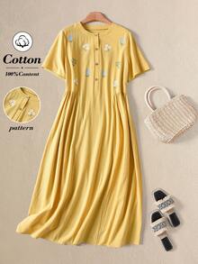 SHEIN Tall CURVE Plus Size Women Floral Print Short Sleeve Button Front Casual Capsule Wardrobe 90s 1950s Vintage Boho Cute Cottage Core Dress Yellow Summer - Yellow - View 3