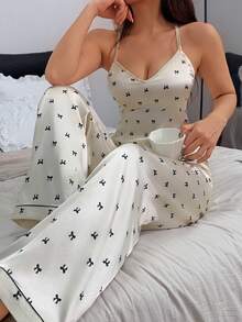 Dream Adore Bowknot Print Faux Silk Camisole & Long Pants Women's Pajama Set - Apricot - View 7