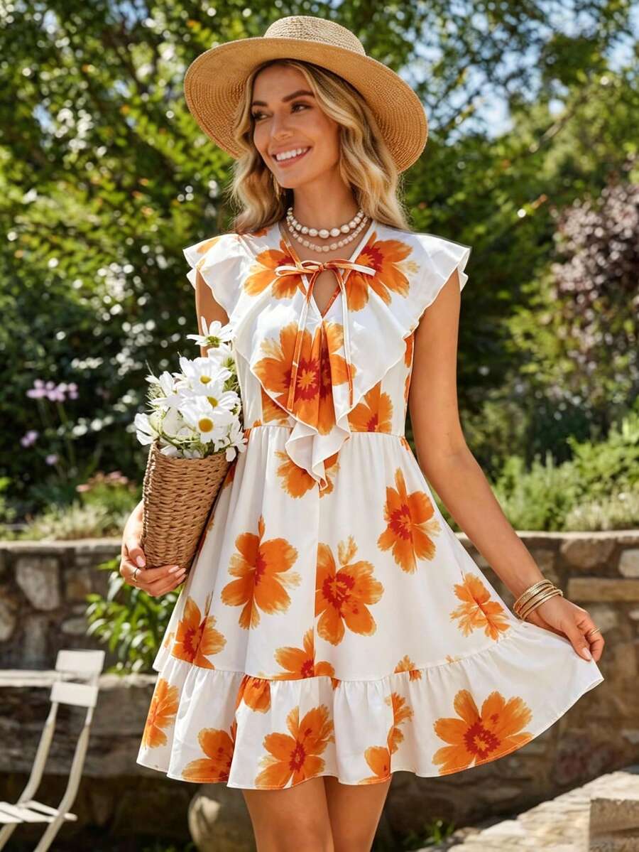 SHEIN Holidaya 女款新款優雅性感洋裝,適合辦公室、休閒、海灘、通勤、浪漫派對、生日、音樂會、情人節、嘉年華等場合;女款夏季新款V領荷葉邊無袖對比色印花短洋裝,荷葉邊下擺洋裝、荷葉邊洋裝、吊帶洋裝、寬鬆洋裝、女款度假洋裝、V領印花洋裝、花卉印花洋裝、對比色印花洋裝、可愛洋裝 - 橘色 - 查看 1