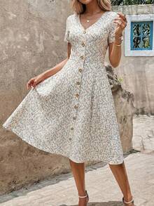 SHEIN Clasi Damen V-Ausschnitt Kurzarm Kleinkariertes Blumenmuster Holzknopf Kleid,Beige Boho Urlaub Sommer Elegant Elastische Taille A-Linie Midi Kleid,Lässig Frühling/Sommer - Weiss - Übersicht 5