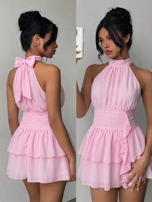 Teen Girls' Sophisticated Pink Halter Neck Chiffon Mini Dress, Ruched Waist & Ruffle Hem Detail, Unique Fairy Short Dress For Daily & Party Wear - Pink - View 1
