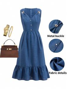Gownix Women's Sleeveless Decorative Button Waist-Cinched Ruffle Elegant Dress Garden Party Aqua Blue Summer - Blue - View 2
