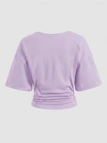 SHEIN T-shirt décontracté élégant et polyvalent pour filles préadolescentes, nouvelle mode, couleur unie, froncé à la taille, convient pour - Parme - Voir 3