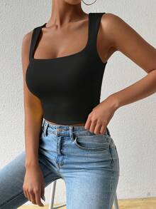 Allurite Top corto de mujer de unicolor simple con escote en U profundo para uso diario - Negro - Ver 6