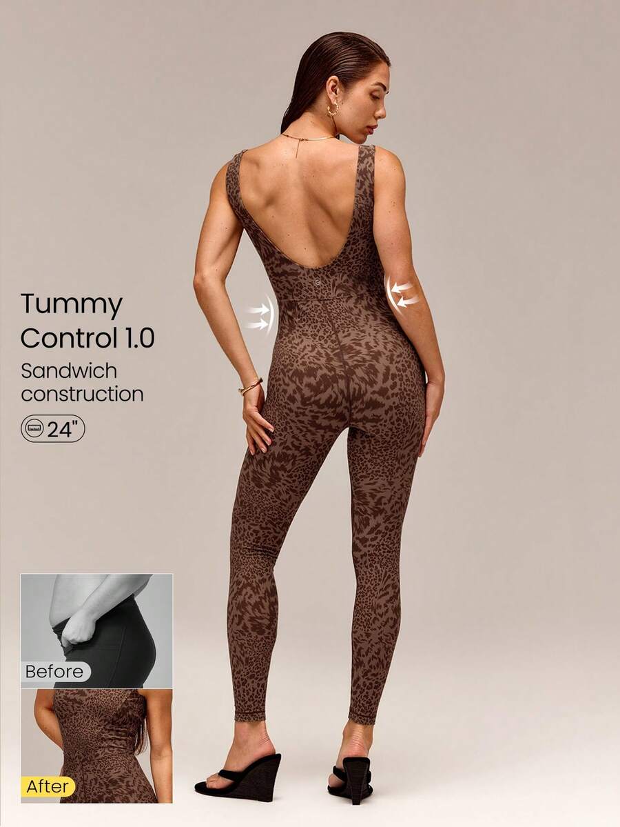 GLOWMODE Jumpsuit Bodysuit Olahraga Yoga Pilates Gym 24" FeatherFit™ Pengontrol Perut dengan Punggung Terbuka untuk Wanita, Cocok untuk Musim Panas dan Elegan. - MultiWarna - View 1