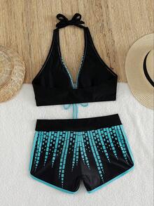 Swim Lushoire 女款夏季海灘幾何印花掛脖綁帶性感比基尼與短褲兩件式泳衣套裝 - 藍色 - 查看 2