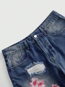 ROMWE MEN Street Life 男士刺繡磨損牛仔短褲 - 藍色 - 查看 3