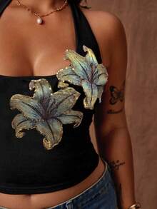 Rustia Plus Size Women's Floral Print Fitted Versatile Daily Outing Halter Top Suitable For Vacation Spring Summer - Black - View 1