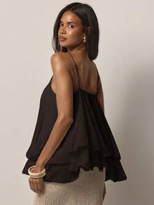 COSMINA Elegantes lässiges Damen-Camisole-Top mit Rüschensaum in Unifarbe, BOHO-Urlaubs-Y2K-romantisches Ausgeh-Camisole-Top - Braun - Übersicht 2