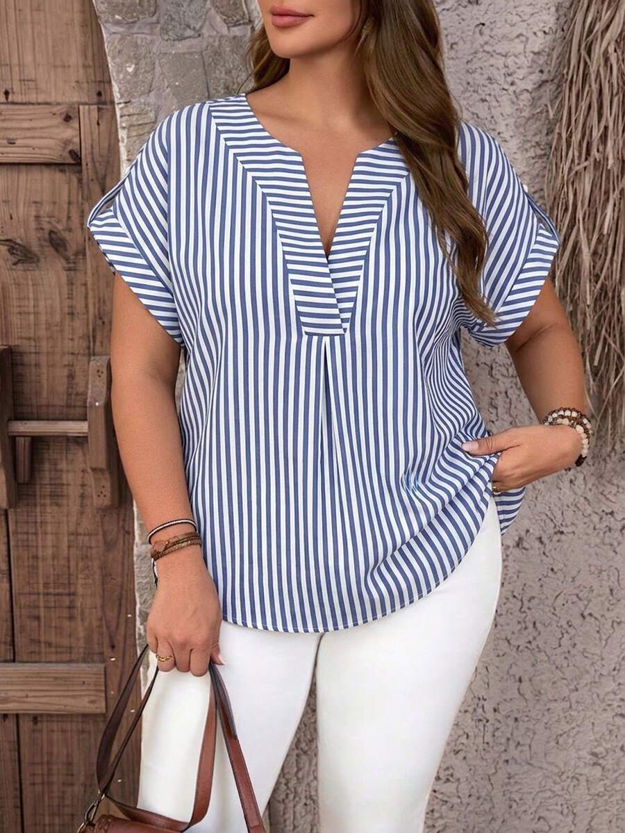 EMERY ROSE Plus Size Women's Striped Casual Vacation Top - Blue and White - View 1