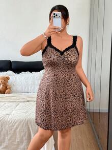 Napfluff CURVE Napfluff CURVE Lace V-Neck High Waist Pleated Frill Trim Plus Size Nightgown - Brown - View 3