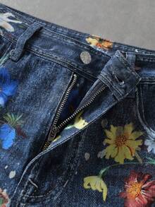 ROMWE MEN Men's Floral Pattern Patch Pocket Wide Leg Loose Casual Denim Jeans - Blue - View 3