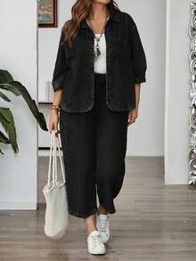 EMERY ROSE EMERY ROSE Plus Size Solid Color Drop Shoulder Casual Loose Front Button Denim Blouse Going Out Tops - Black - View 3