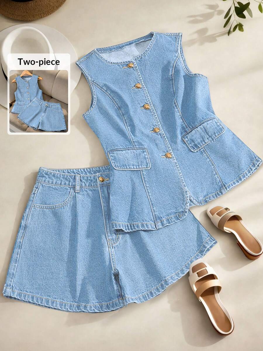 GlowEve Women's Single-Breasted Vest And Shorts Casual Denim Set - Baby Blue - View 1
