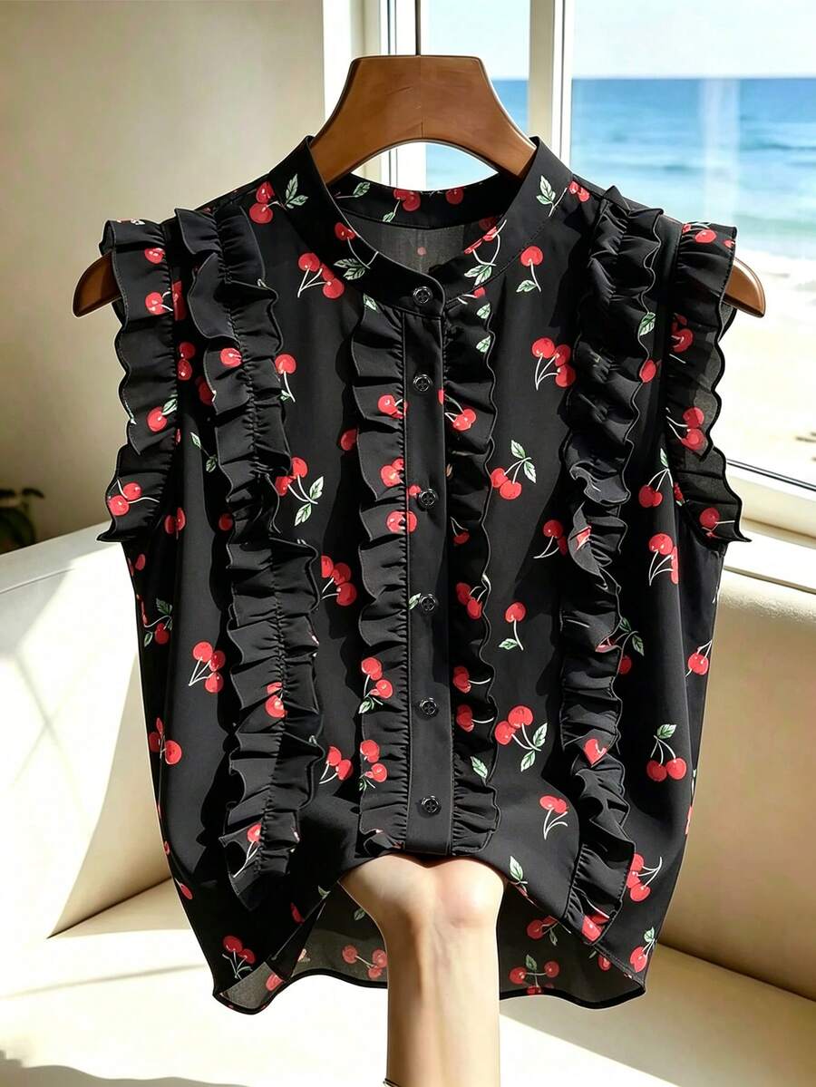 SHEIN Franclia 女款櫻桃印花休閒百搭日常外出上衣 - 黑色 - 查看 1