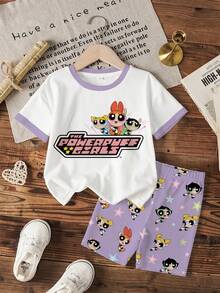 THE POWERPUFF GIRLS X SHEIN 小女孩卡通印花T恤和短裤套装 - 白色 - 查看 7