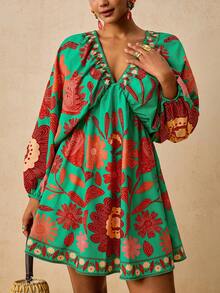 Travachic Vestido mini de manga larga con cuello en V y estampado para mujer talla grande, adecuado para vacaciones estilo bohemio, estampado floral pequeño verde y varias ocasiones incluyendo Año Nuevo, fiesta de Navidad, Acción de Gracias, fiesta elegante, boda, etc. - Verde - Ver 7