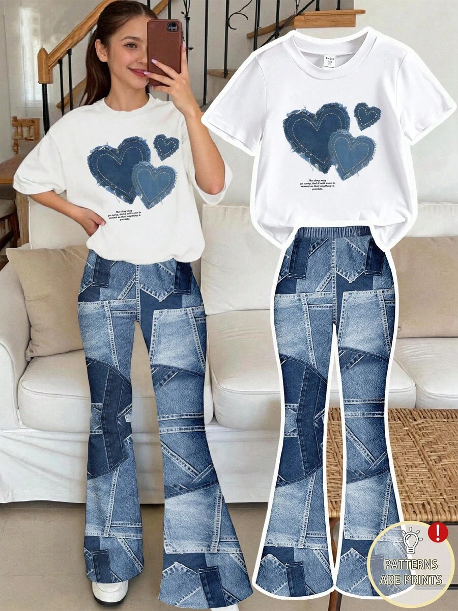 夏秋休閒時尚女童簡約仿牛仔印花短袖T恤與美式復古牛仔愛心印花短褲2件套，個性百搭女童T恤短褲套裝，適合8Y-12Y女孩，四季皆宜